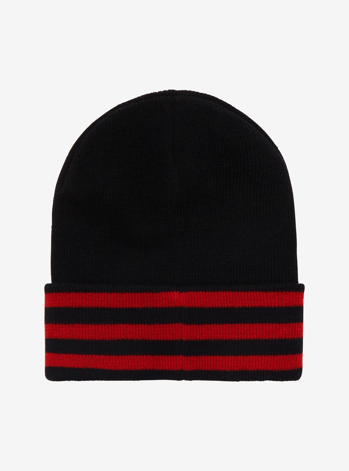 Black & Red Stripe Safety Pin Beanie, , alternate