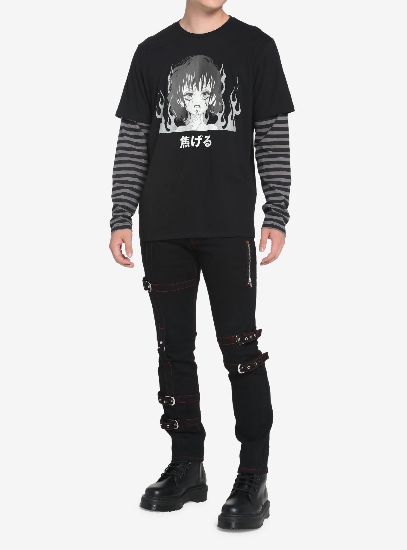 Black & Grey Stripe Anime Girl Twofer Long-Sleeve T-Shirt, BLACK, alternate