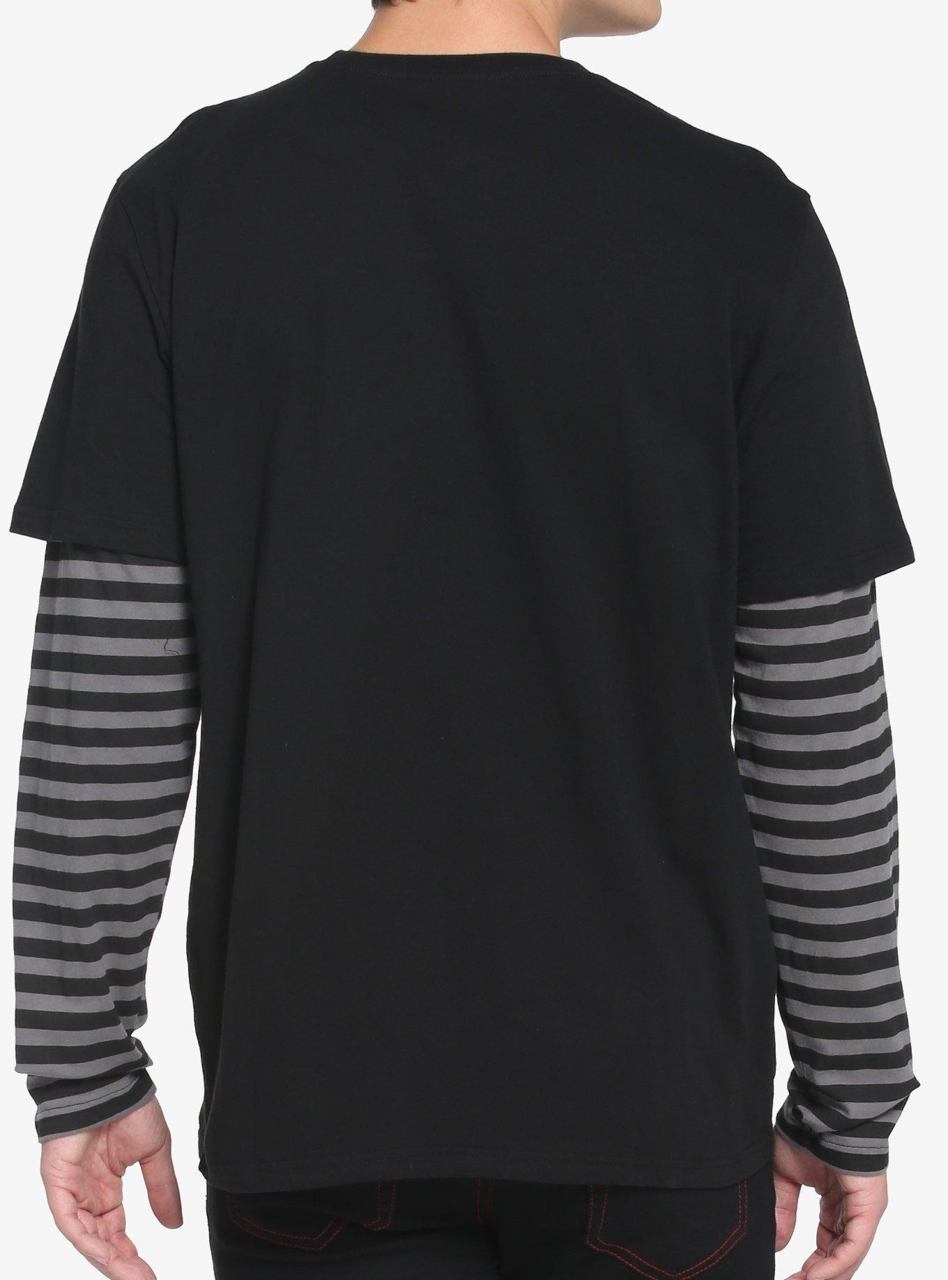 Black & Grey Stripe Anime Girl Twofer Long-Sleeve T-Shirt, BLACK, alternate