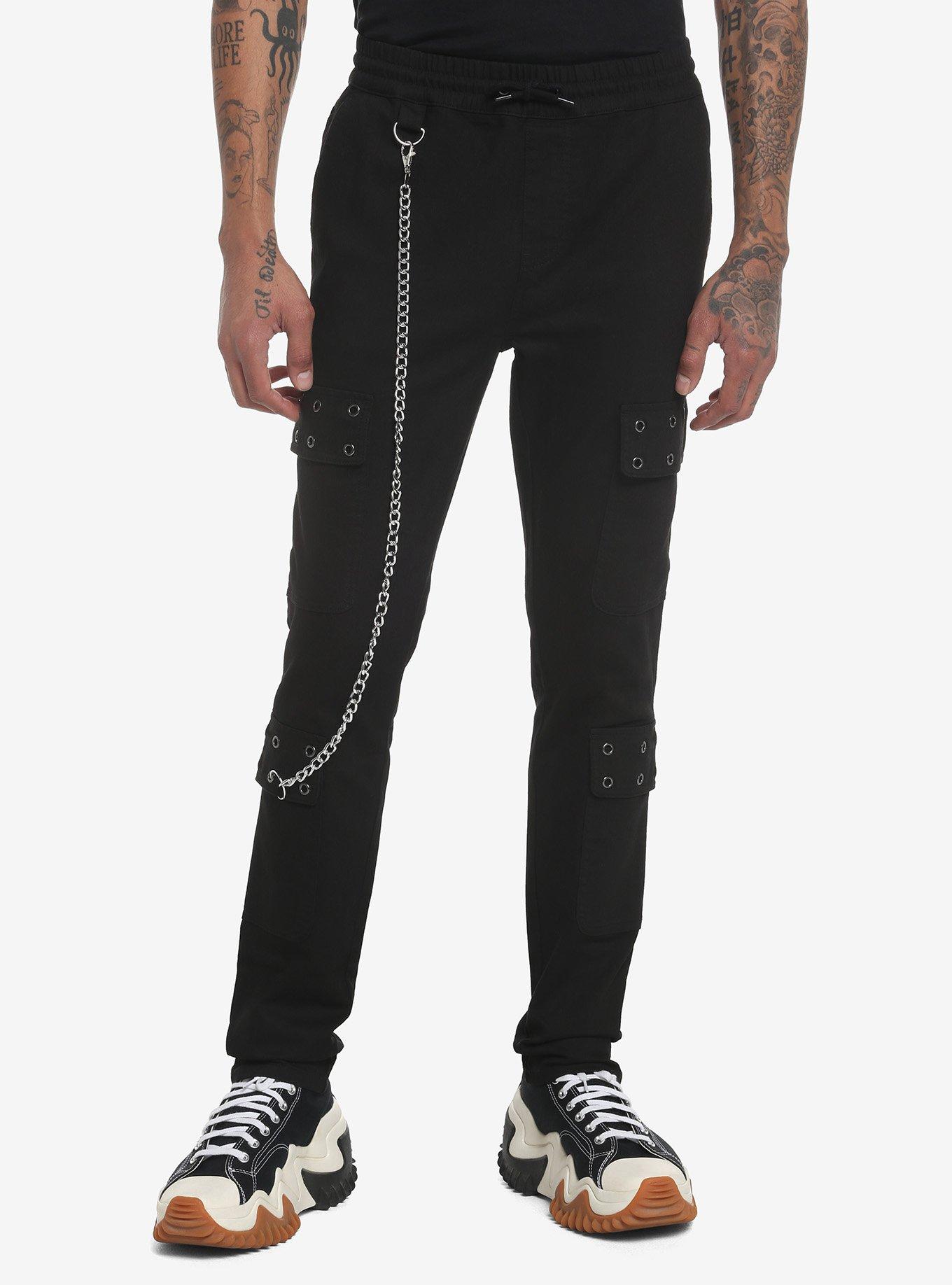 Black Grommet Pockets Skinny Jogger Pants, BLACK, alternate