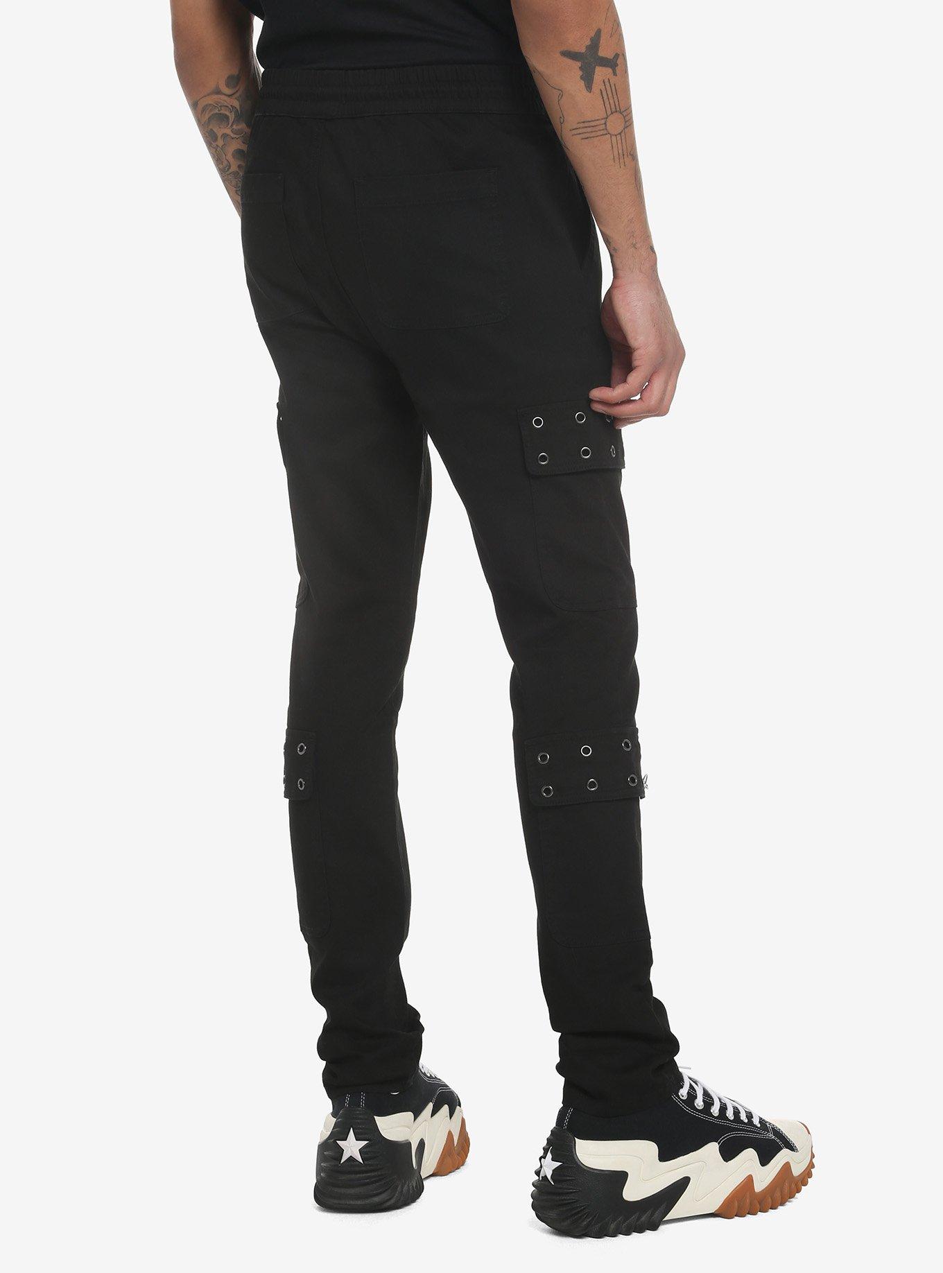 Black Grommet Pockets Skinny Jogger Pants, BLACK, alternate