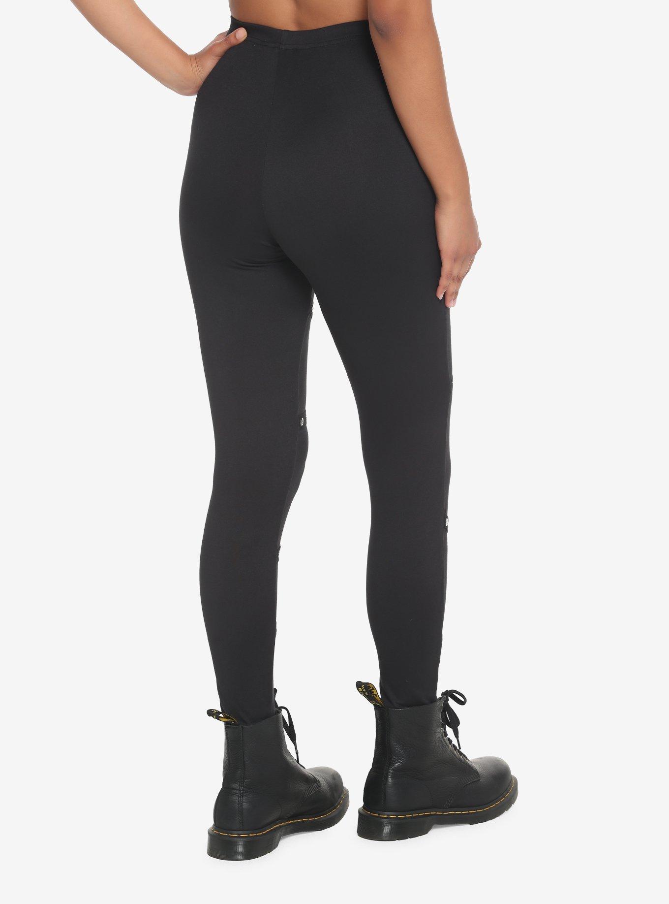 Black Strappy Grommet Leggings, BLACK, alternate