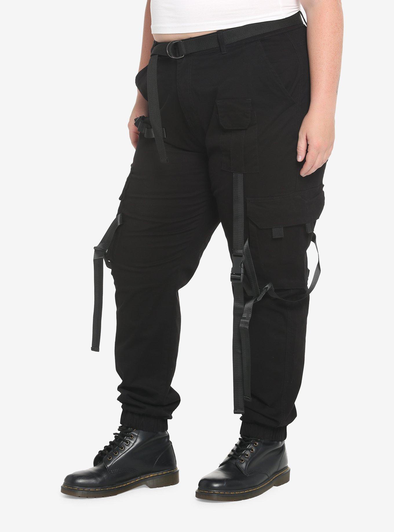 Black Utility Strap Jogger Pants Plus Size, BLACK, alternate