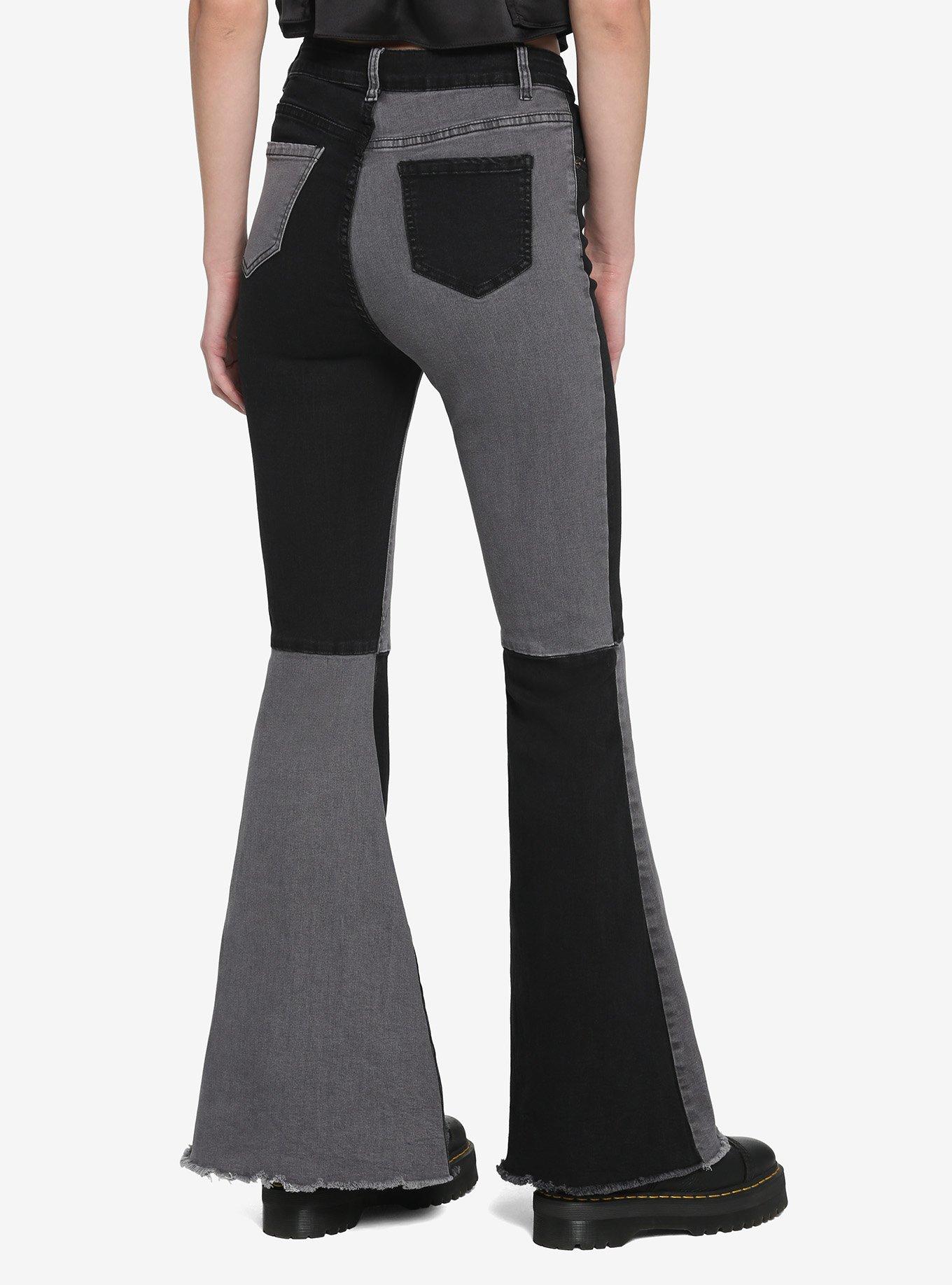Black & Grey Patchwork Denim Flare Pants, BLACK, alternate
