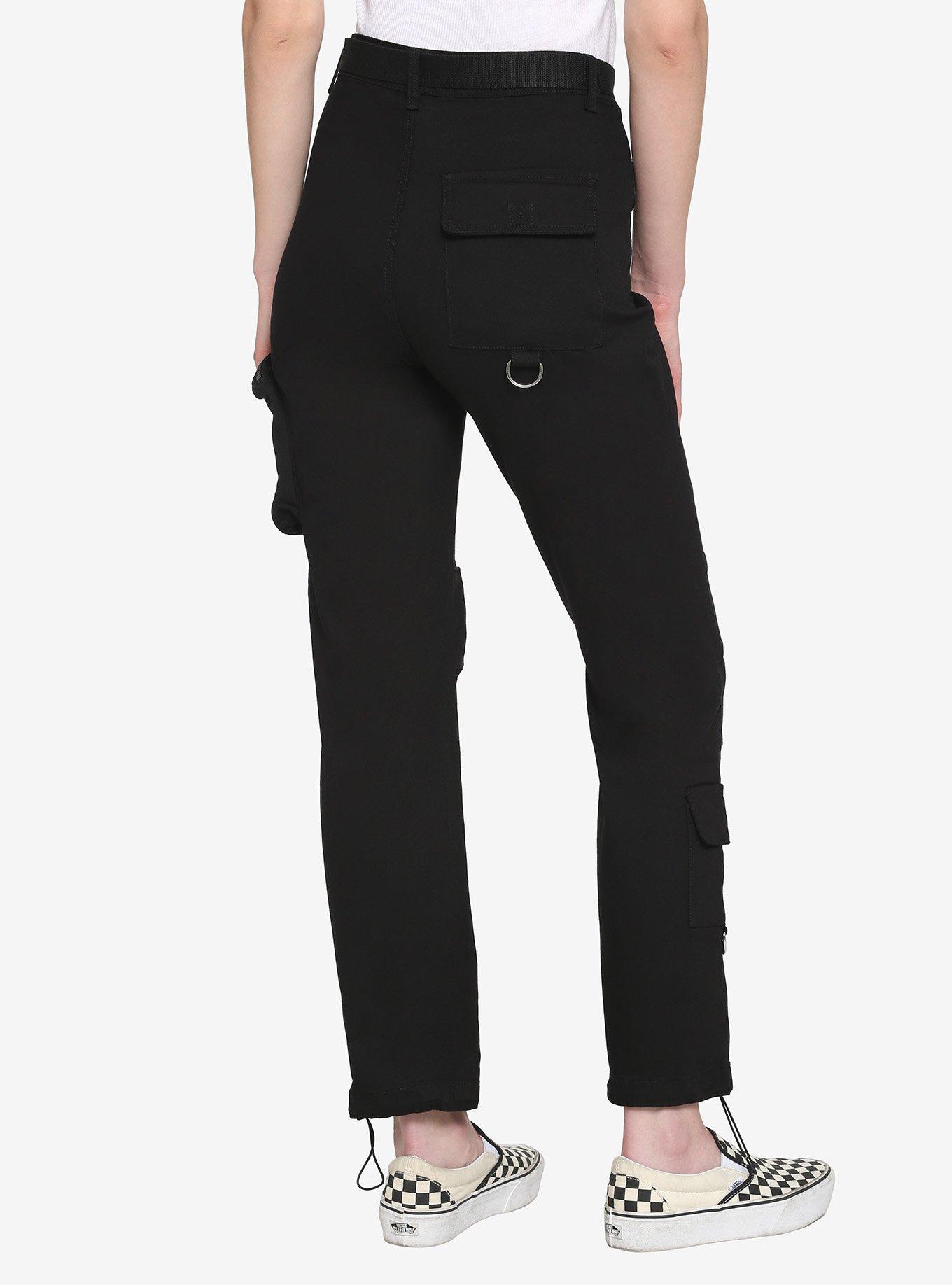 Black Buckle Belt Straight Leg Cargo Pants, BLACK, alternate