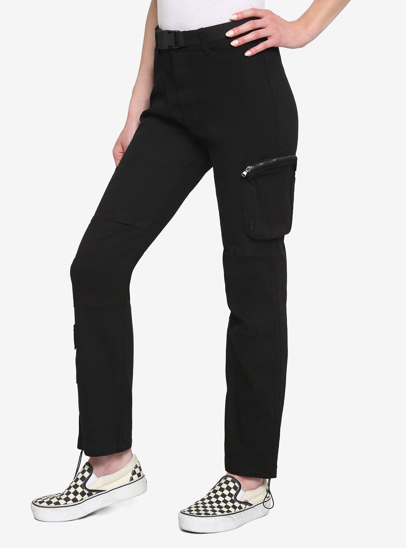 Black Buckle Belt Straight Leg Cargo Pants, BLACK, alternate