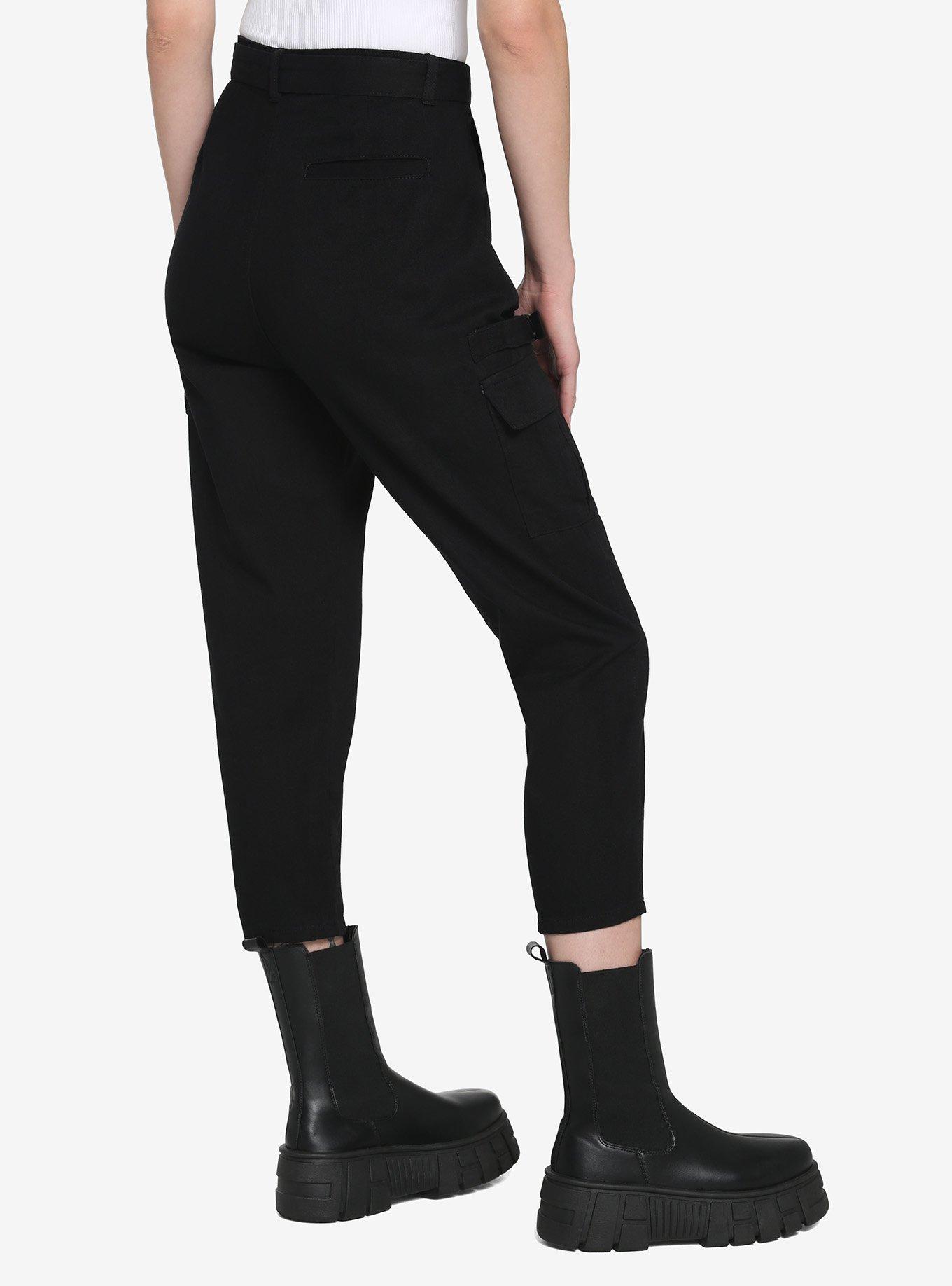 Black Tapered Leg Belted Cargo Pants, BLACK, alternate