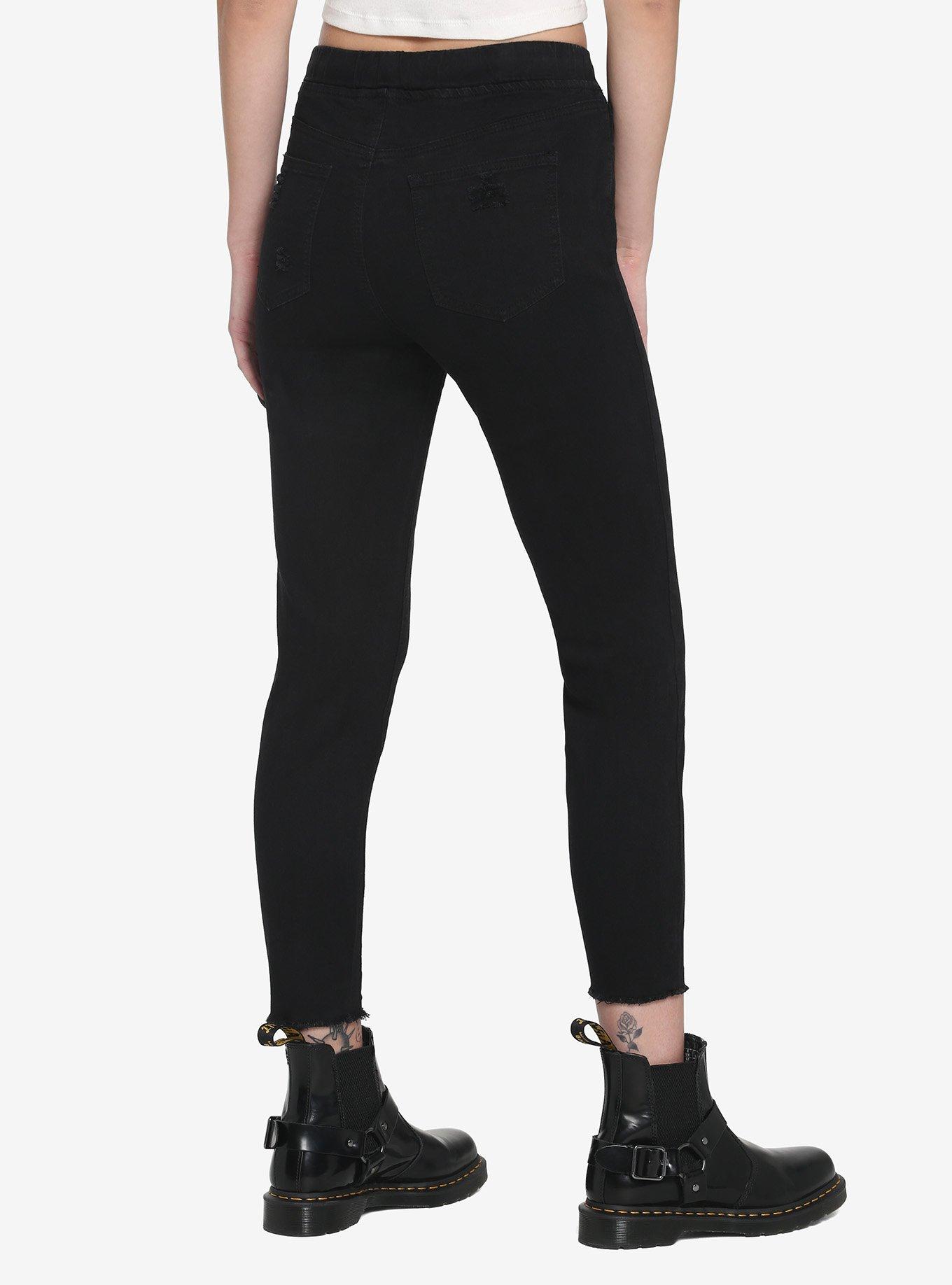 Black Destructed Elastic Waist Skinny Jeans, BLACK, alternate