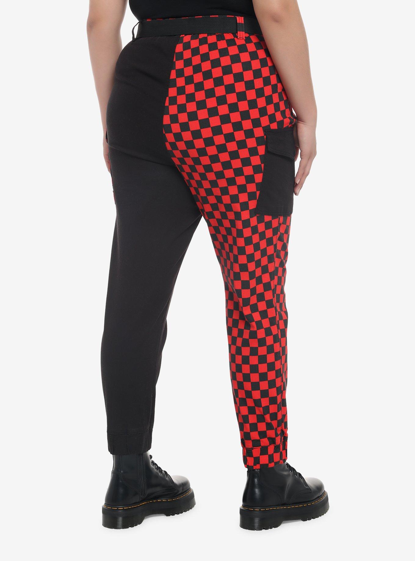 Black & Red Checkered Split Jogger Pants Plus Size, BLACK, alternate