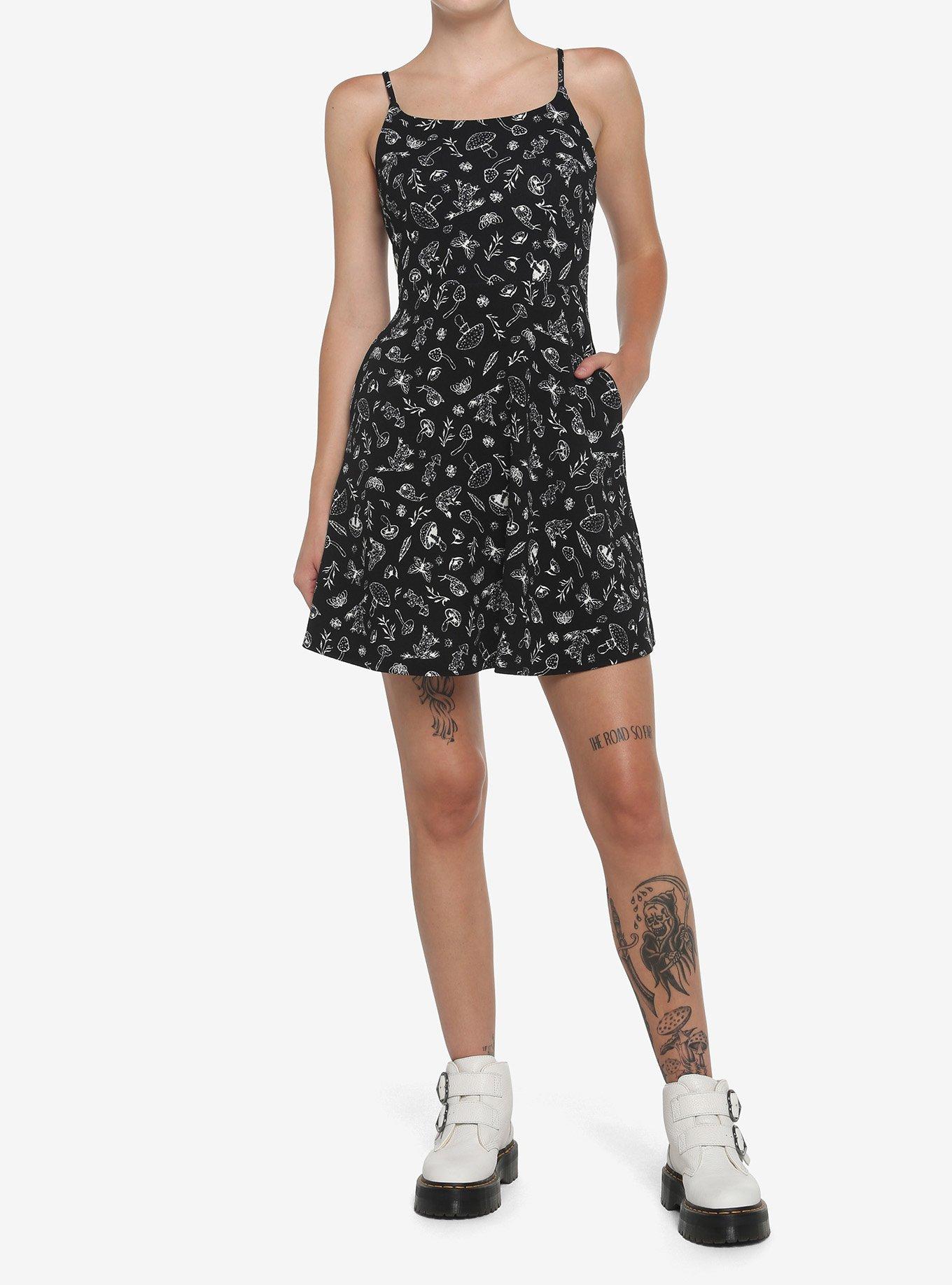 Thorn And Fable Mushroom Forest Skater Dress, BLACK, alternate