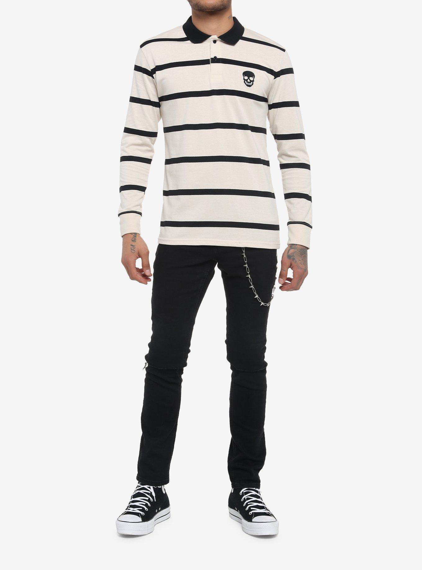 Black & Tan Stripe Skull Long-Sleeve Polo Shirt, , hi-res