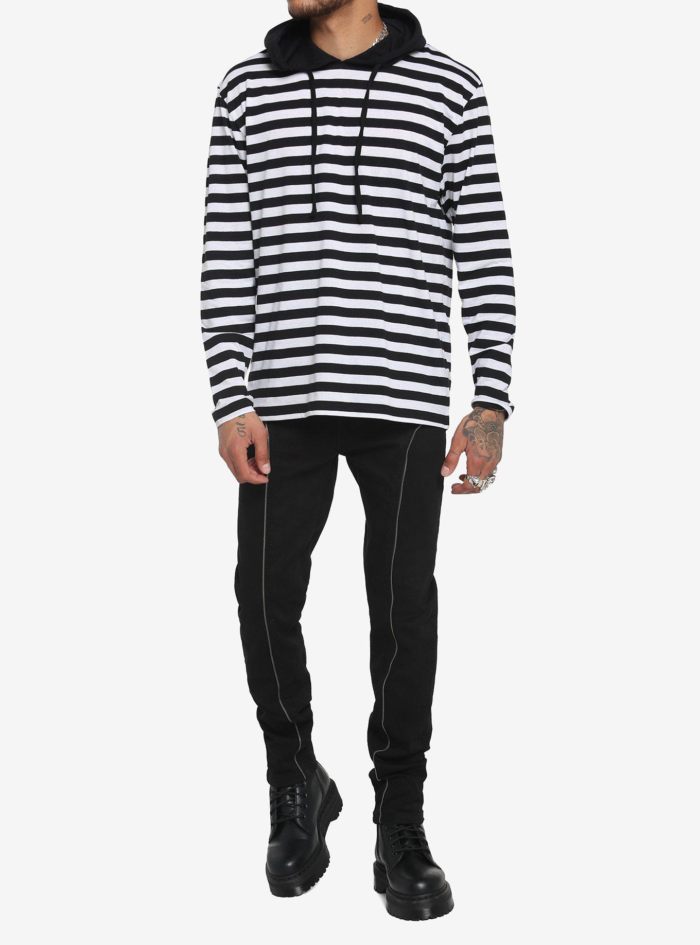 Black & White Stripe Long-Sleeve T-Shirt With Hood, BLACK  WHITE, alternate