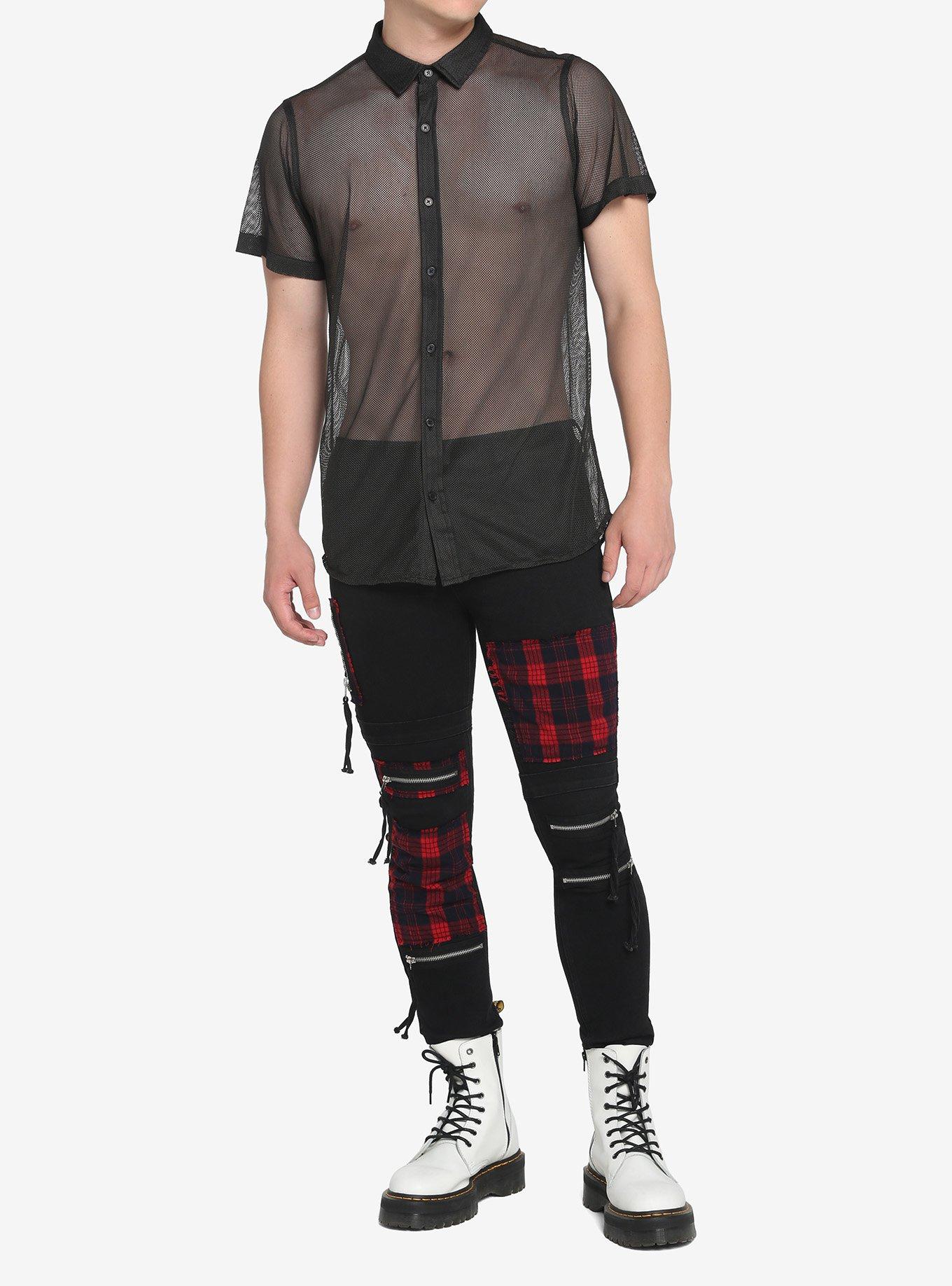 Black Mesh Woven Button-Up, BLACK, alternate