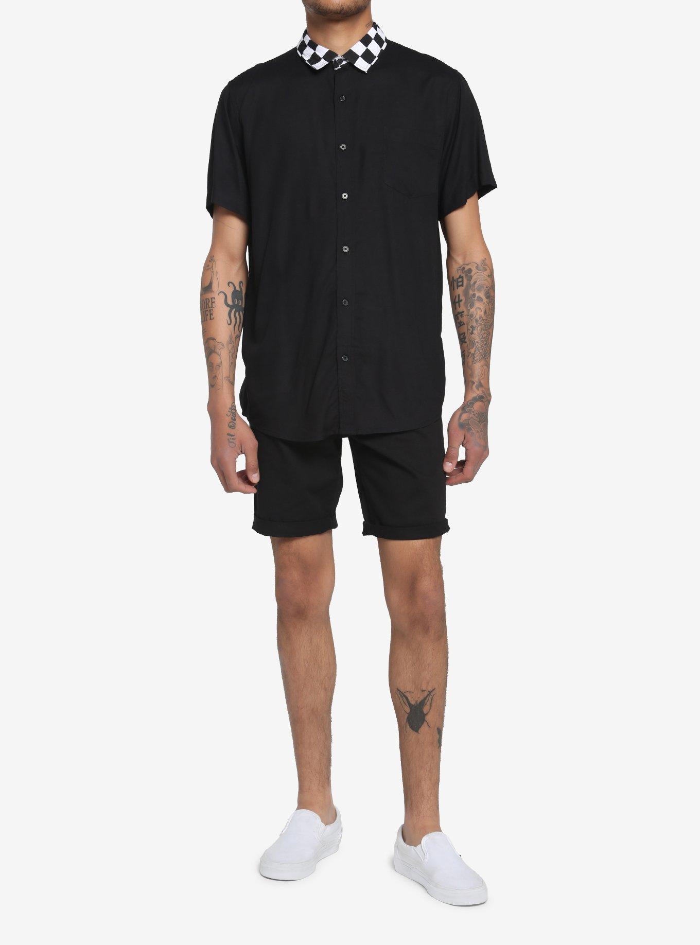 Black & White Checkered Collar Woven Button-Up, BLACK, alternate