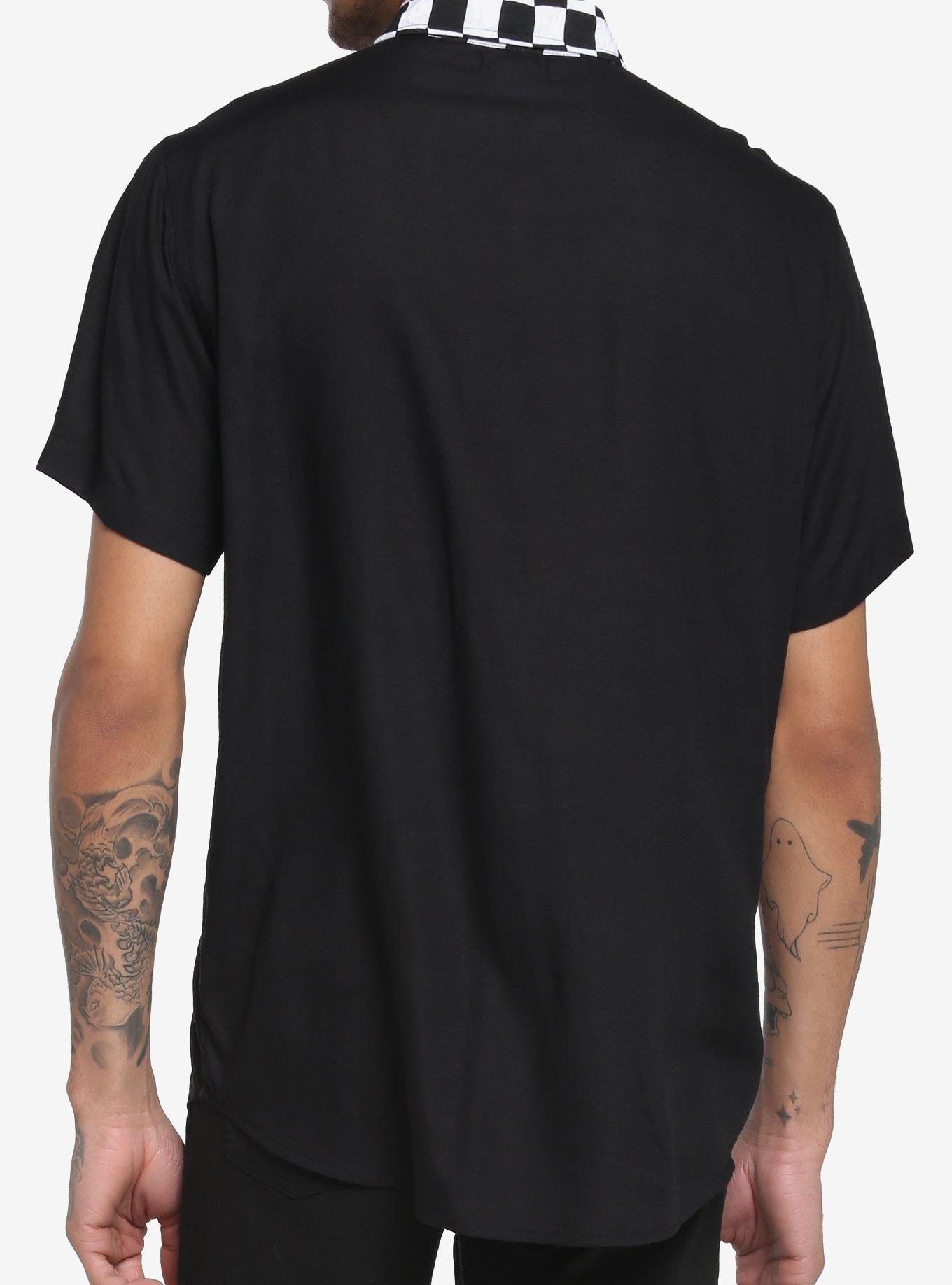 Black & White Checkered Collar Woven Button-Up, BLACK, alternate