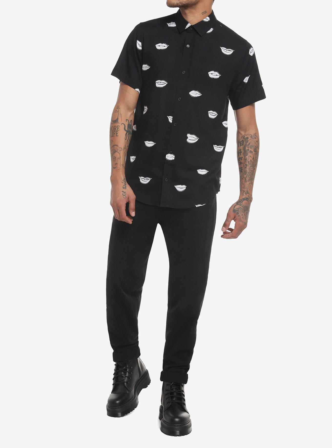Black & White Lips Woven Button-Up, BLACK  WHITE, alternate