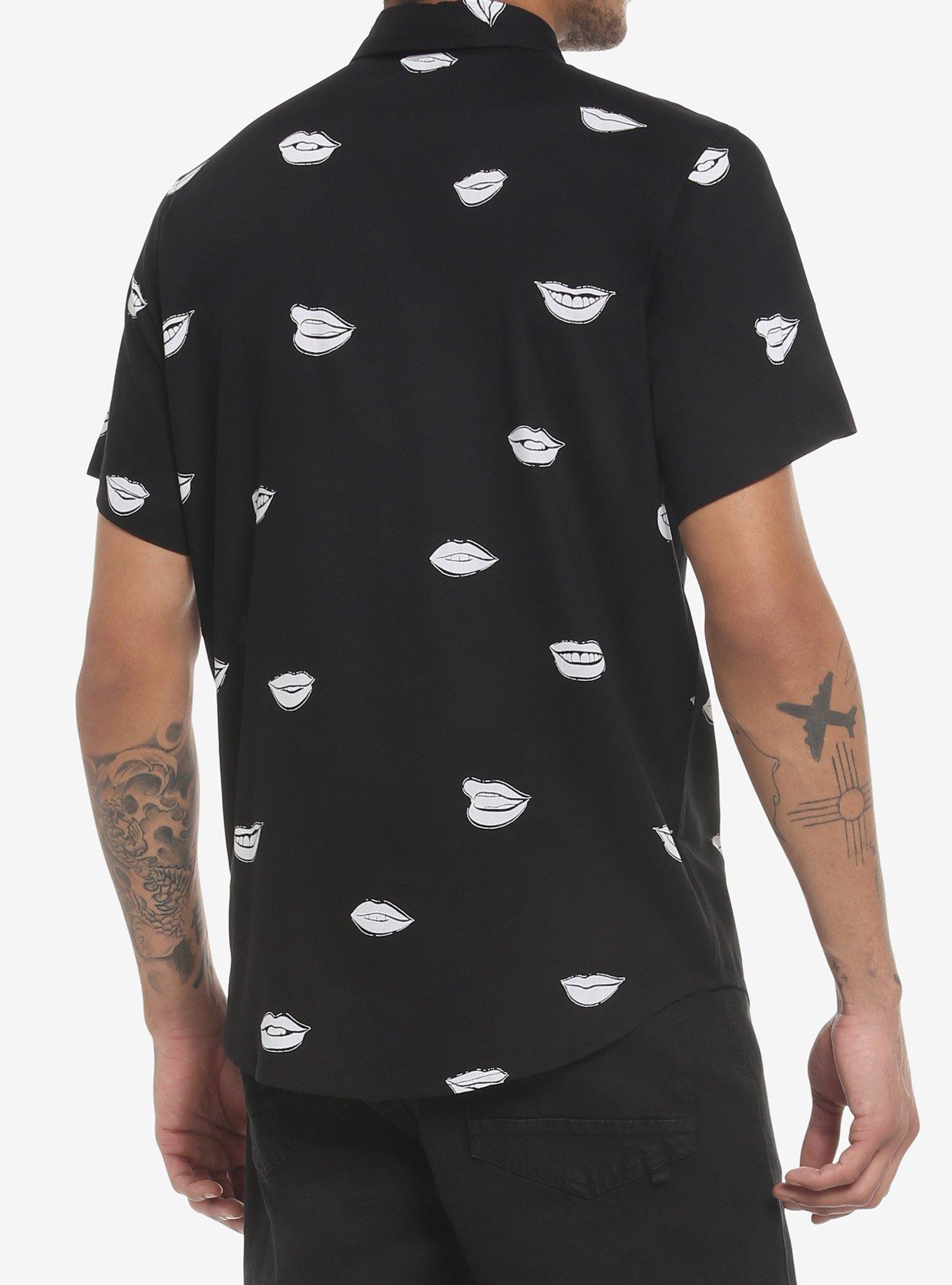 Black & White Lips Woven Button-Up, BLACK  WHITE, alternate