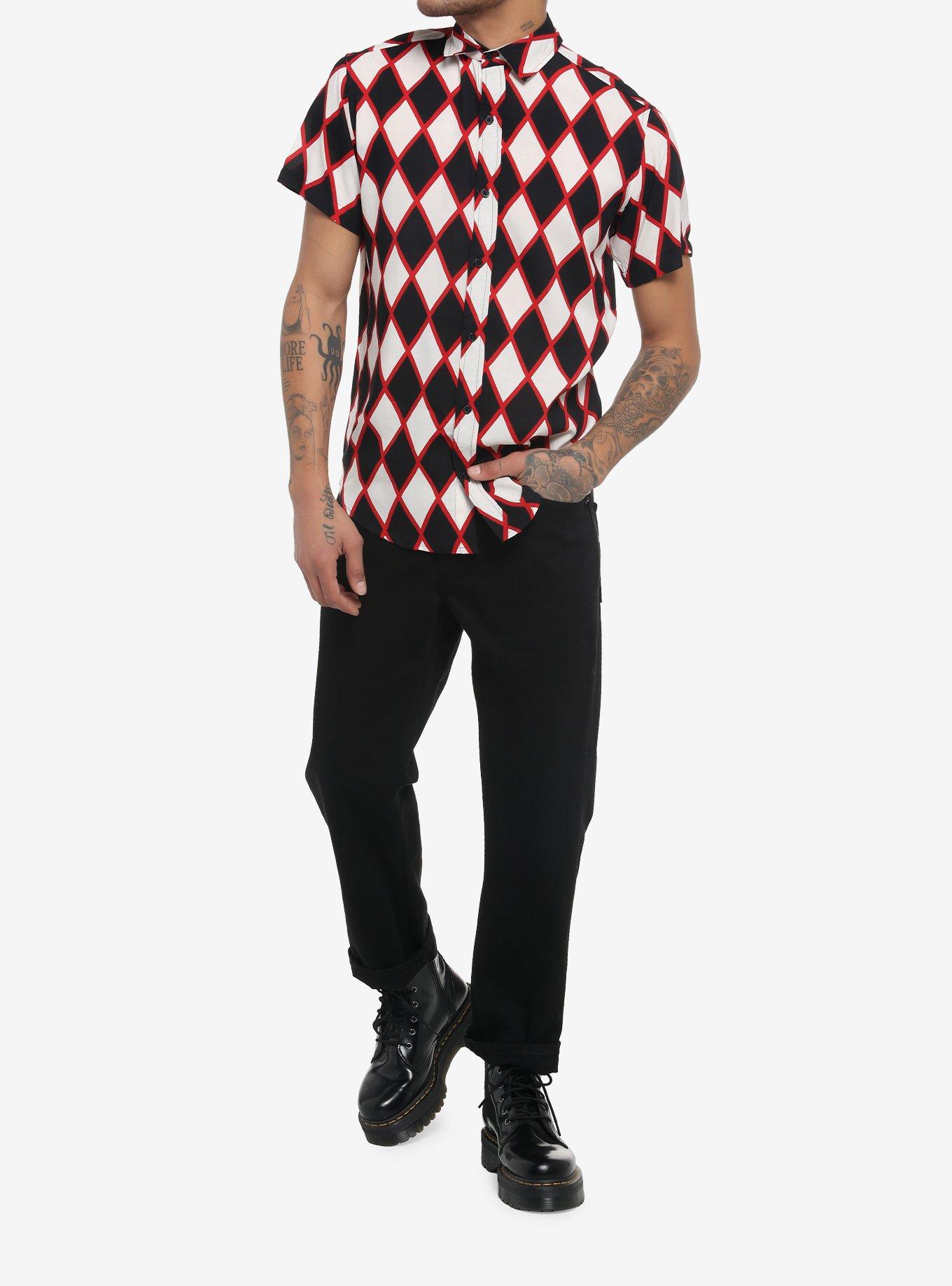 Black Red & White Diamond Print Woven Button-Up, BLACK  WHITE, alternate