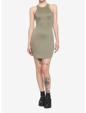 Olive High Neck Ribbed Bodycon Dress, , hi-res