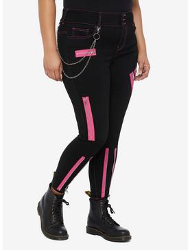 Black & Pink Zipper Super Skinny Jeans Plus Size, , hi-res