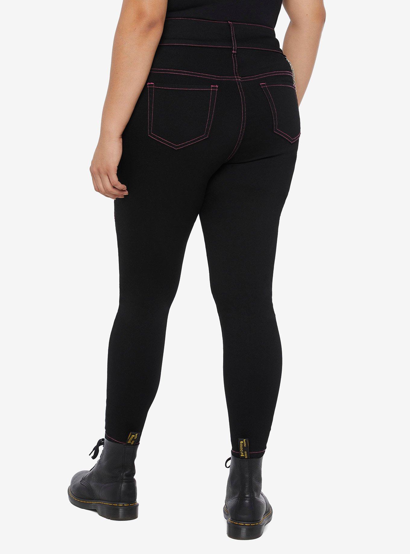 Black & Pink Zipper Super Skinny Jeans Plus Size, BLACK  PINK, alternate