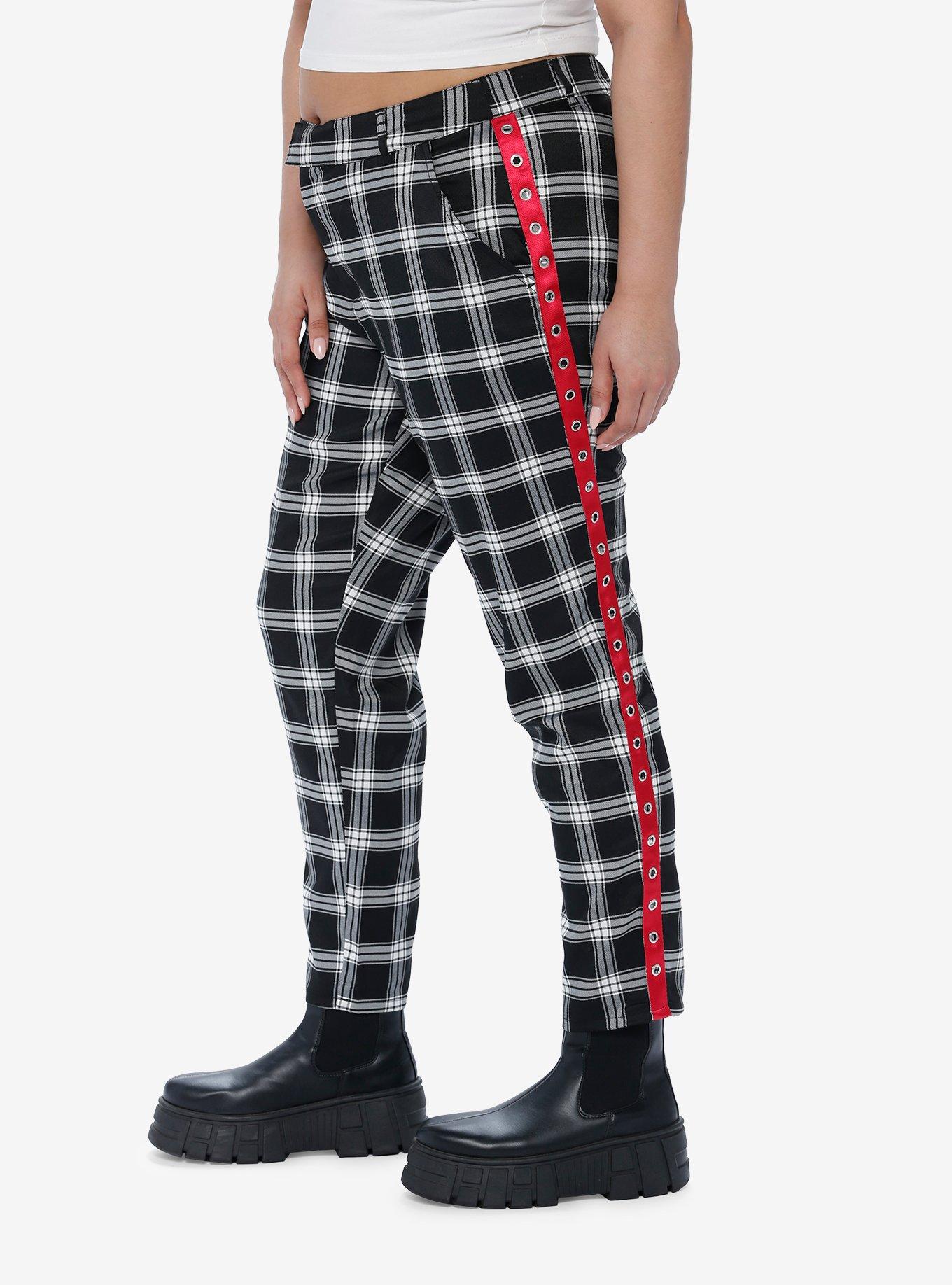 Black & White Plaid Grommet Pants Plus Size, BLACK  WHITE, alternate