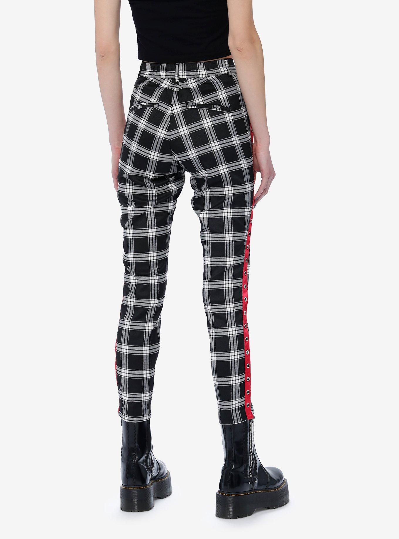 Black & White Plaid Grommet Pants, BLACK  WHITE, alternate