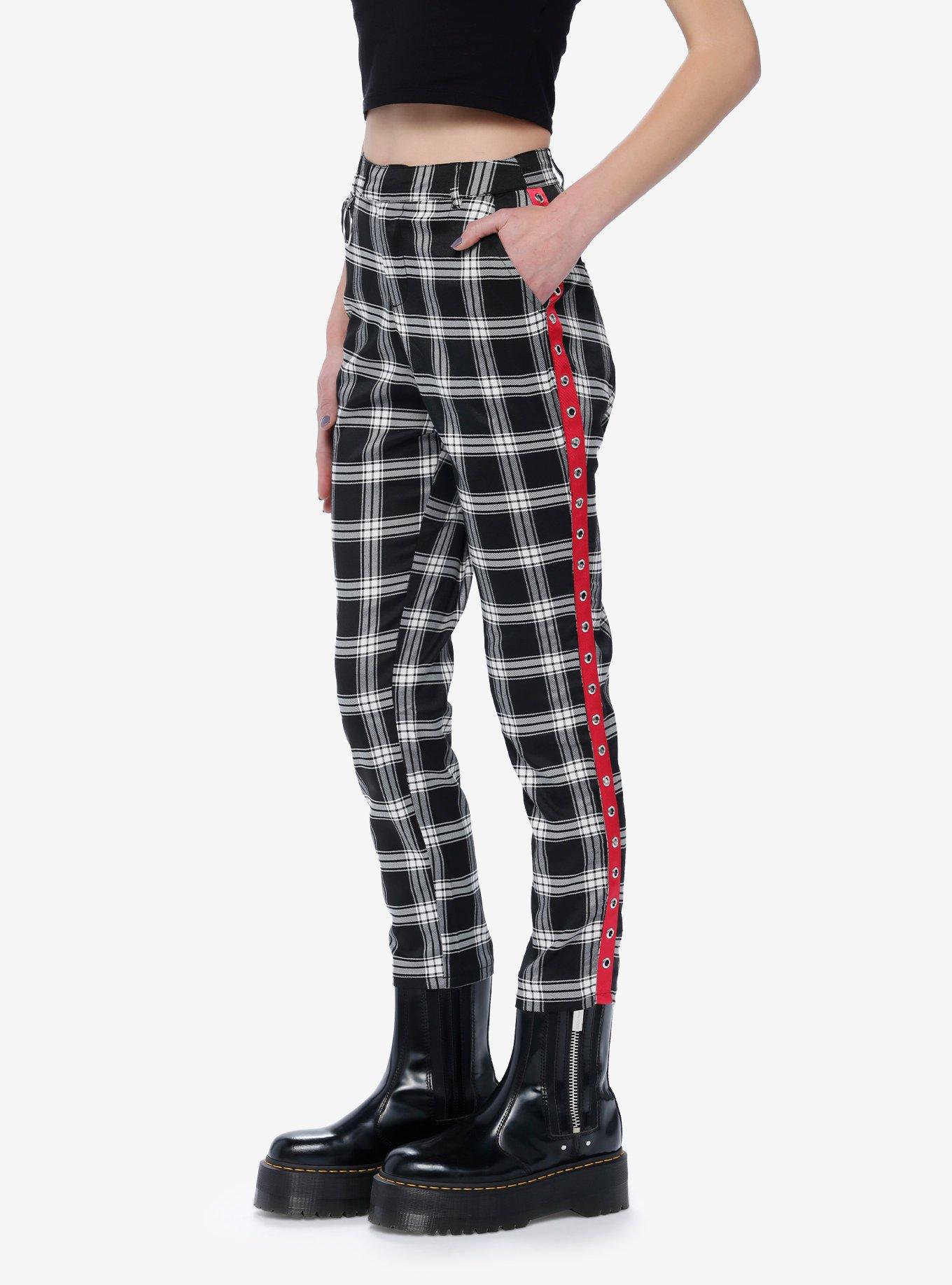 Black & White Plaid Grommet Pants, BLACK  WHITE, alternate
