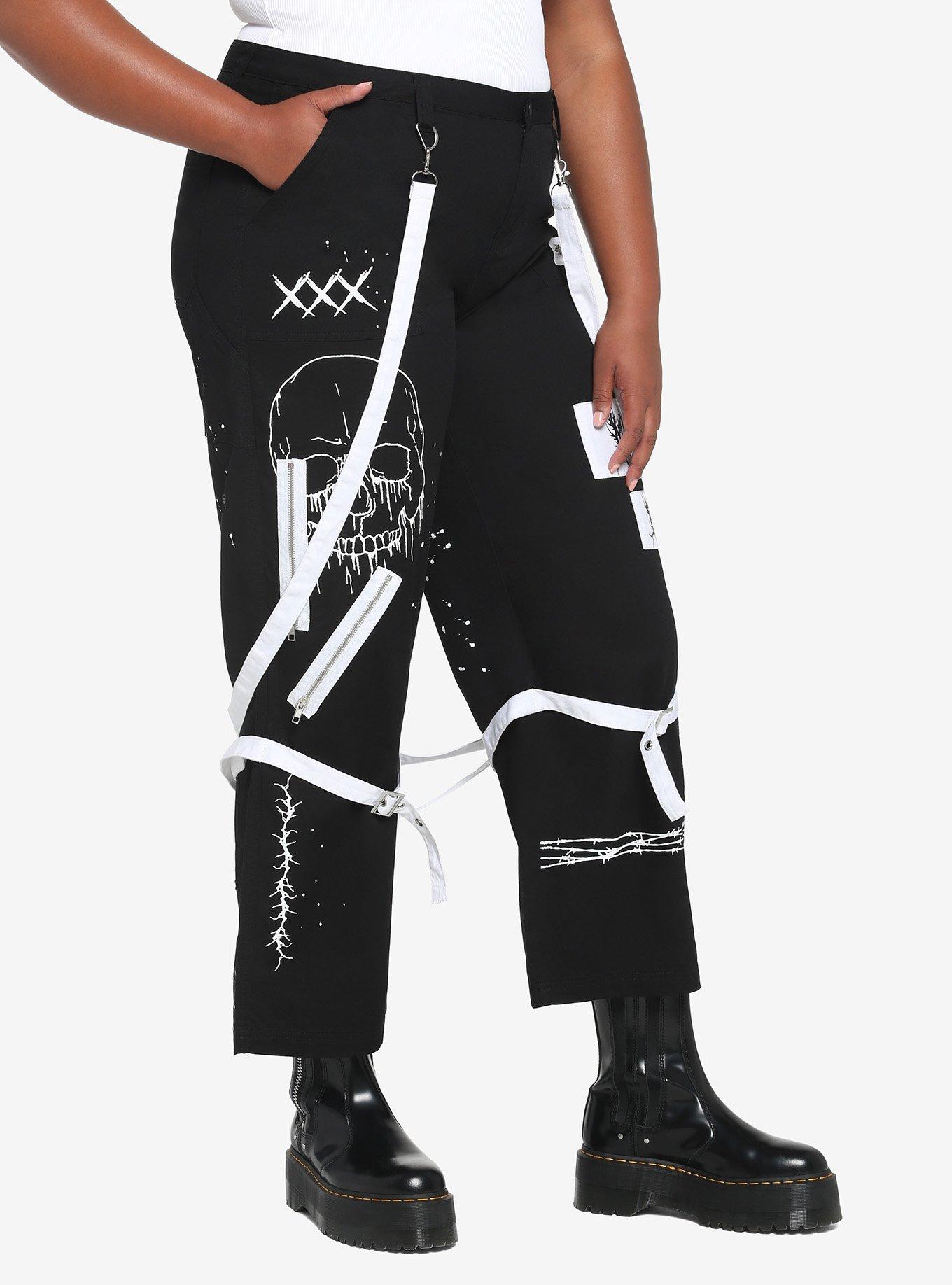 Black & White Suspender Hi-Rise Carpenter Pants Plus Size, BLACK  WHITE, alternate