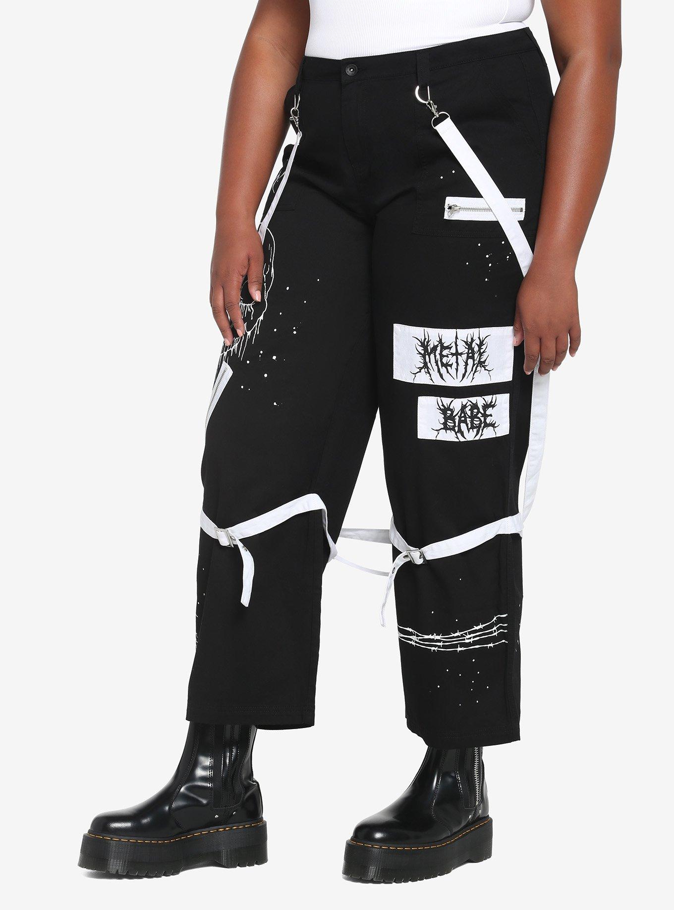 Black & White Suspender Hi-Rise Carpenter Pants Plus Size, BLACK  WHITE, alternate