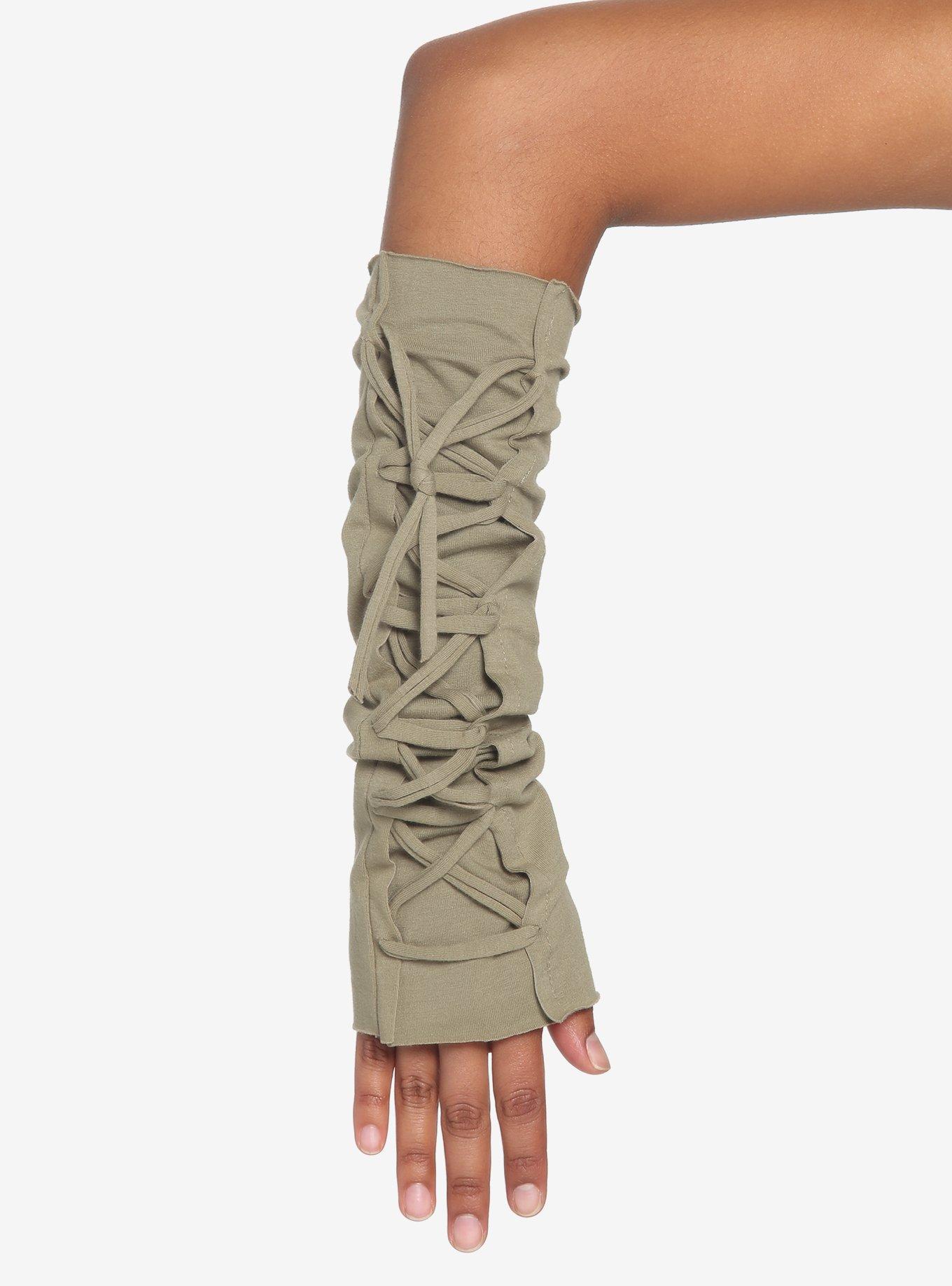 Olive Green Lace-Up Arm Warmers, , alternate