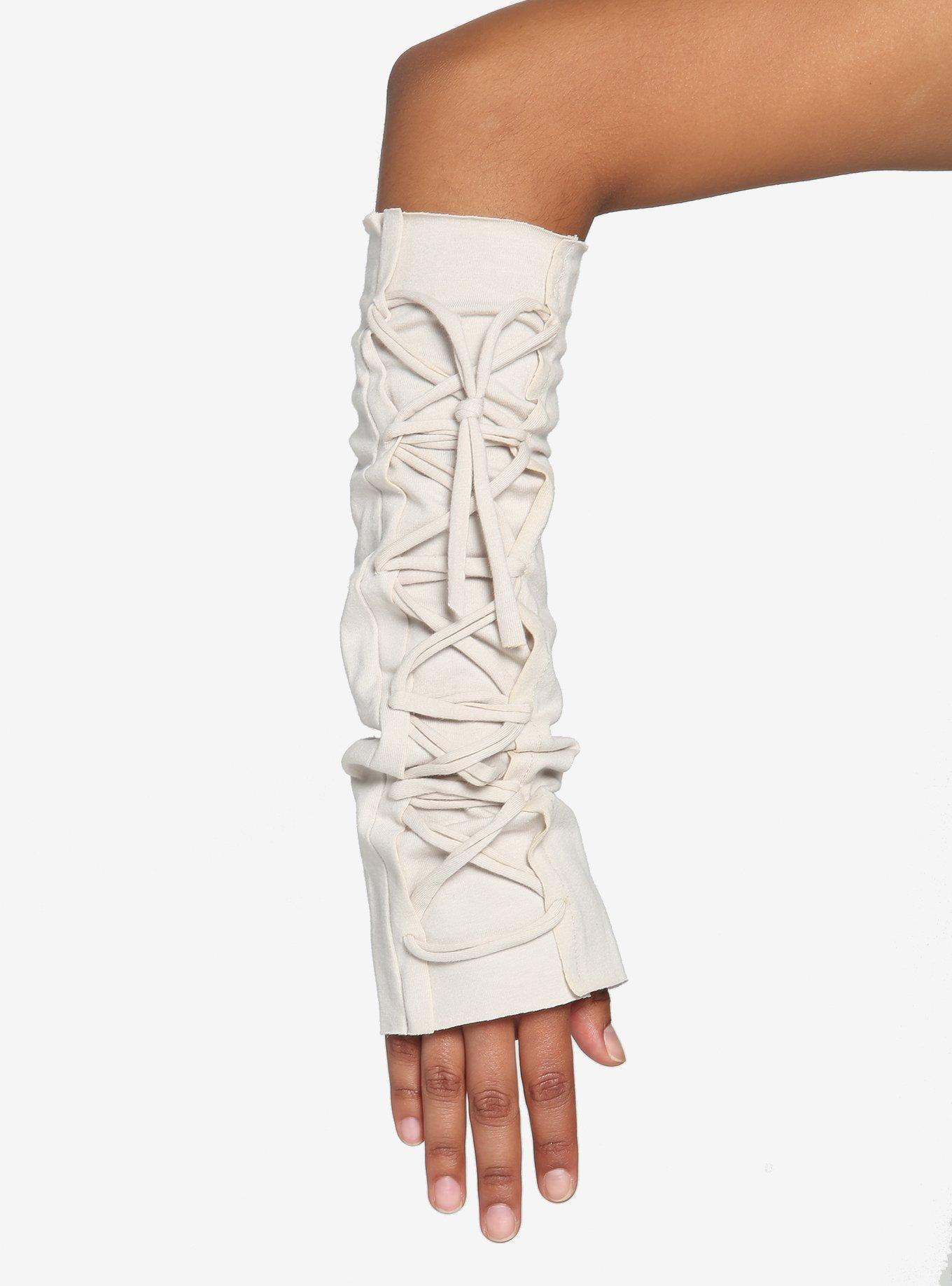 Cream Lace-Up Arm Warmers, , alternate