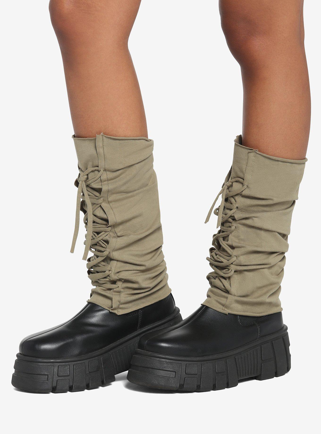 Olive Green Lace-Up Leg Warmers, , alternate
