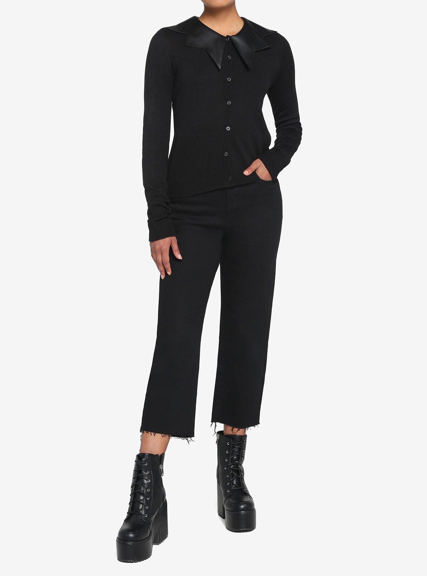 Black Bat Wing Collar Girls Cardigan, BLACK, alternate