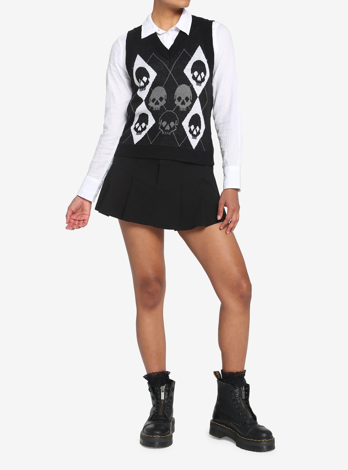 Black Skull Argyle Girls Sweater Vest, BLACK, alternate
