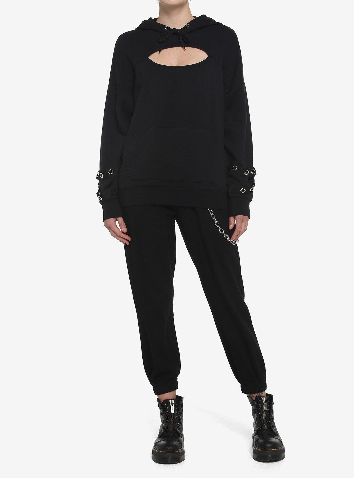 Black Cutout Grommet Girls Hoodie, BLACK, alternate
