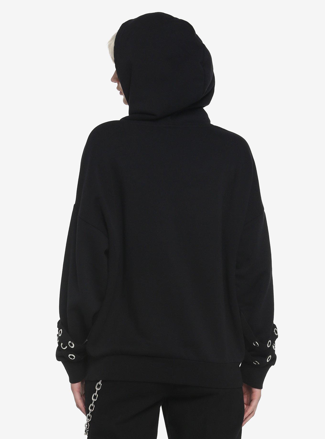 Black Cutout Grommet Girls Hoodie, BLACK, alternate