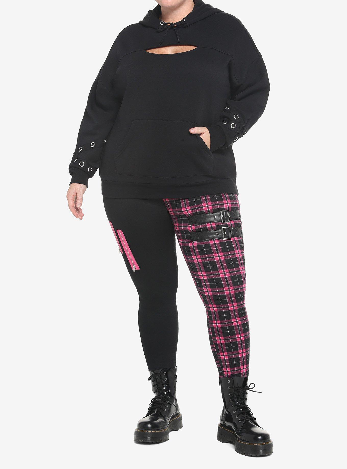 Black Cutout Grommet Girls Hoodie Plus Size, BLACK, alternate