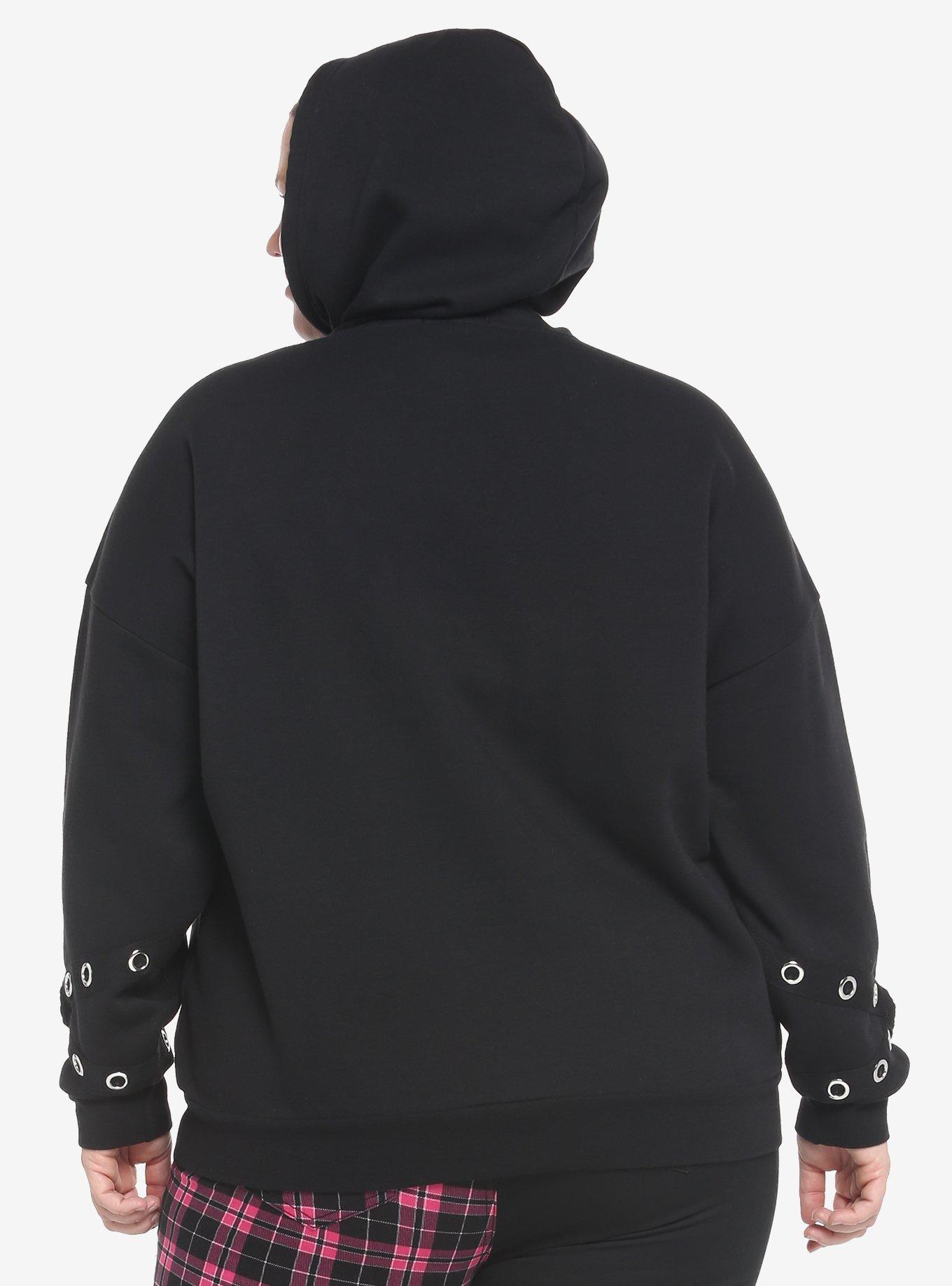 Black Cutout Grommet Girls Hoodie Plus Size, BLACK, alternate