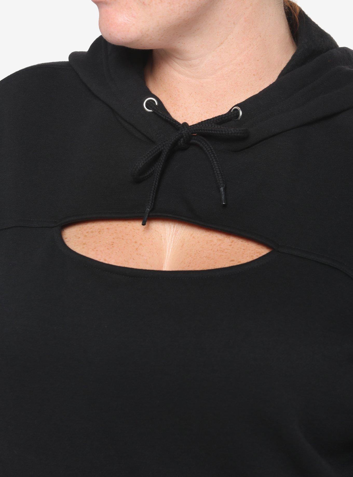 Black Cutout Grommet Girls Hoodie Plus Size, BLACK, alternate