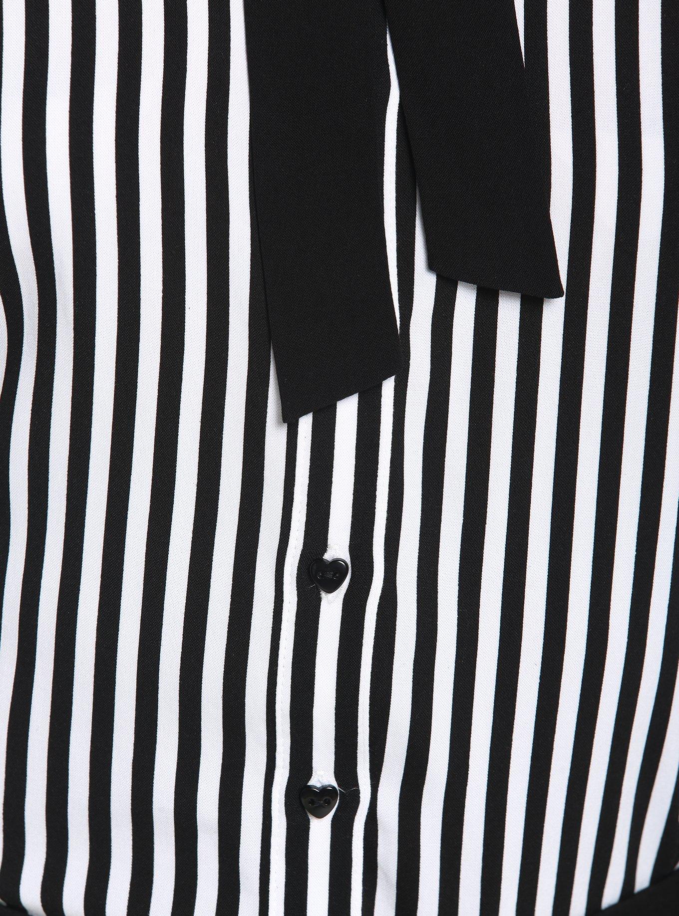 Black & White Pinstripe Bow Girls Woven Button-Up, STRIPE-BLACK WHITE, alternate