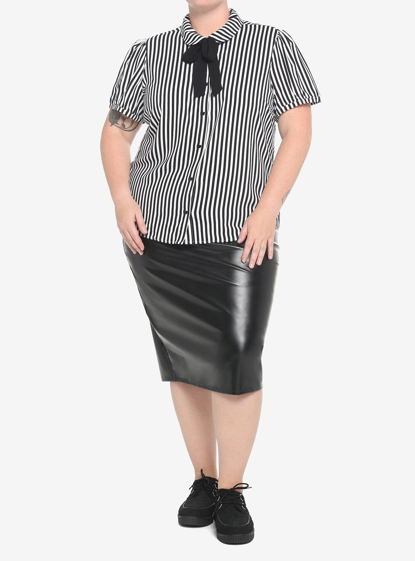 Black & White Pinstripe Bow Girls Woven Button-Up Plus Size, STRIPE-BLACK WHITE, alternate