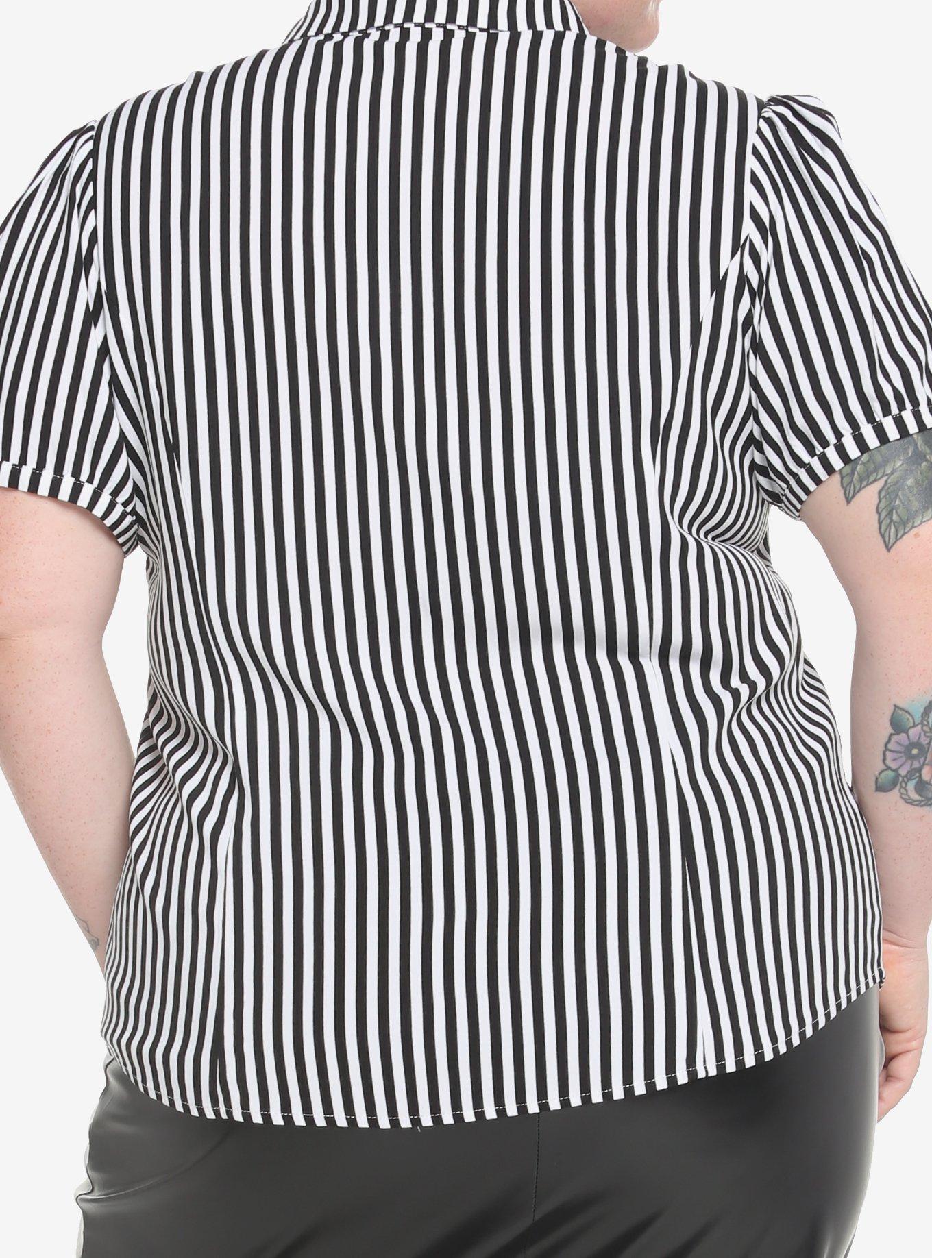 Black & White Pinstripe Bow Girls Woven Button-Up Plus Size, STRIPE-BLACK WHITE, alternate
