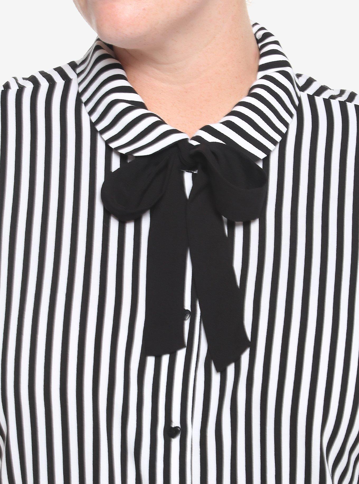Black & White Pinstripe Bow Girls Woven Button-Up Plus Size, STRIPE-BLACK WHITE, alternate