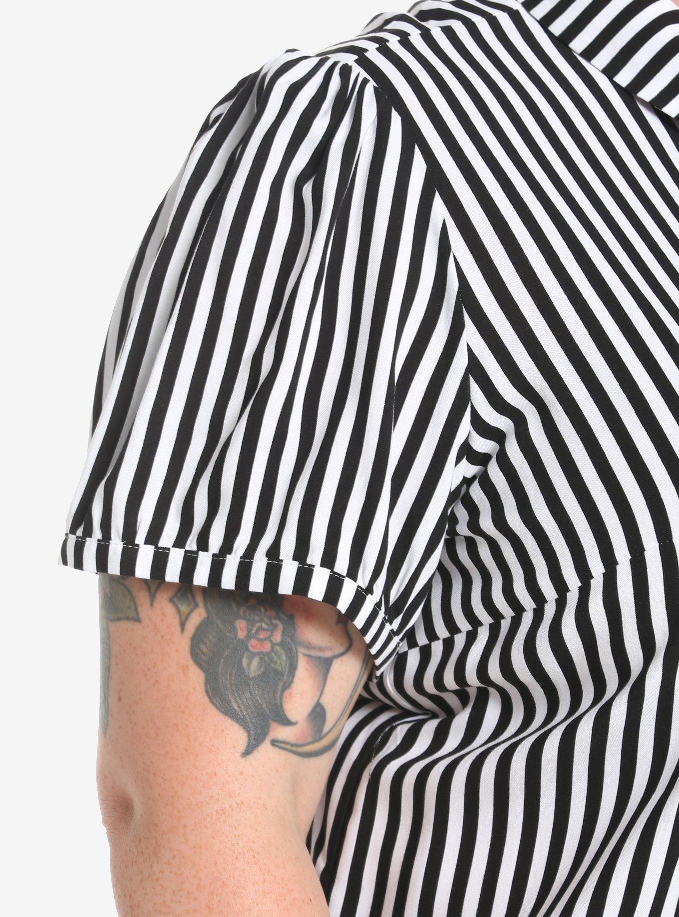 Black & White Pinstripe Bow Girls Woven Button-Up Plus Size, STRIPE-BLACK WHITE, alternate