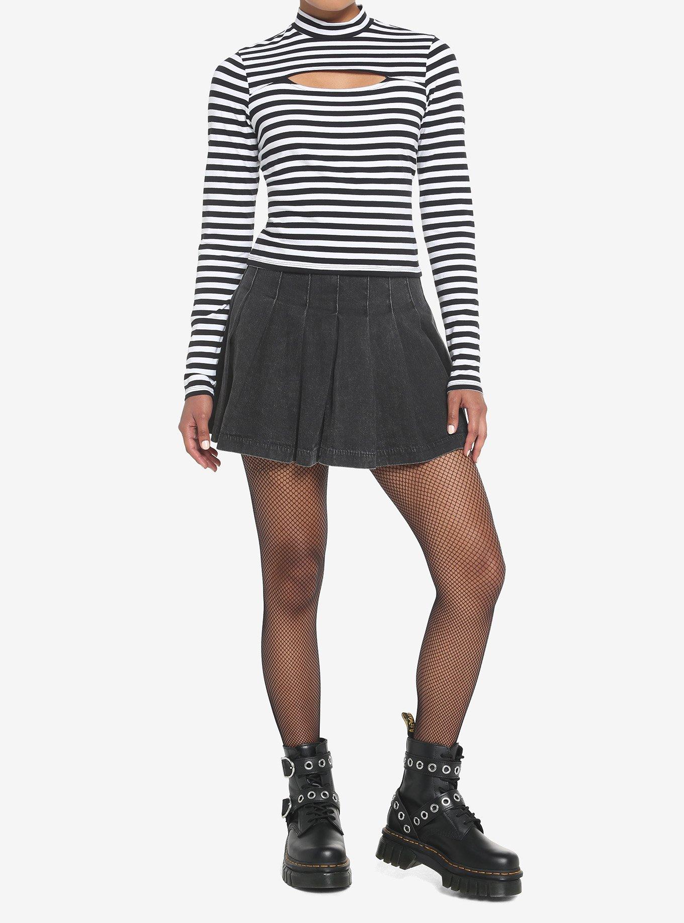 Black & White Stripe Cutout Girls Long-Sleeve Top, STRIPE-BLACK WHITE, alternate