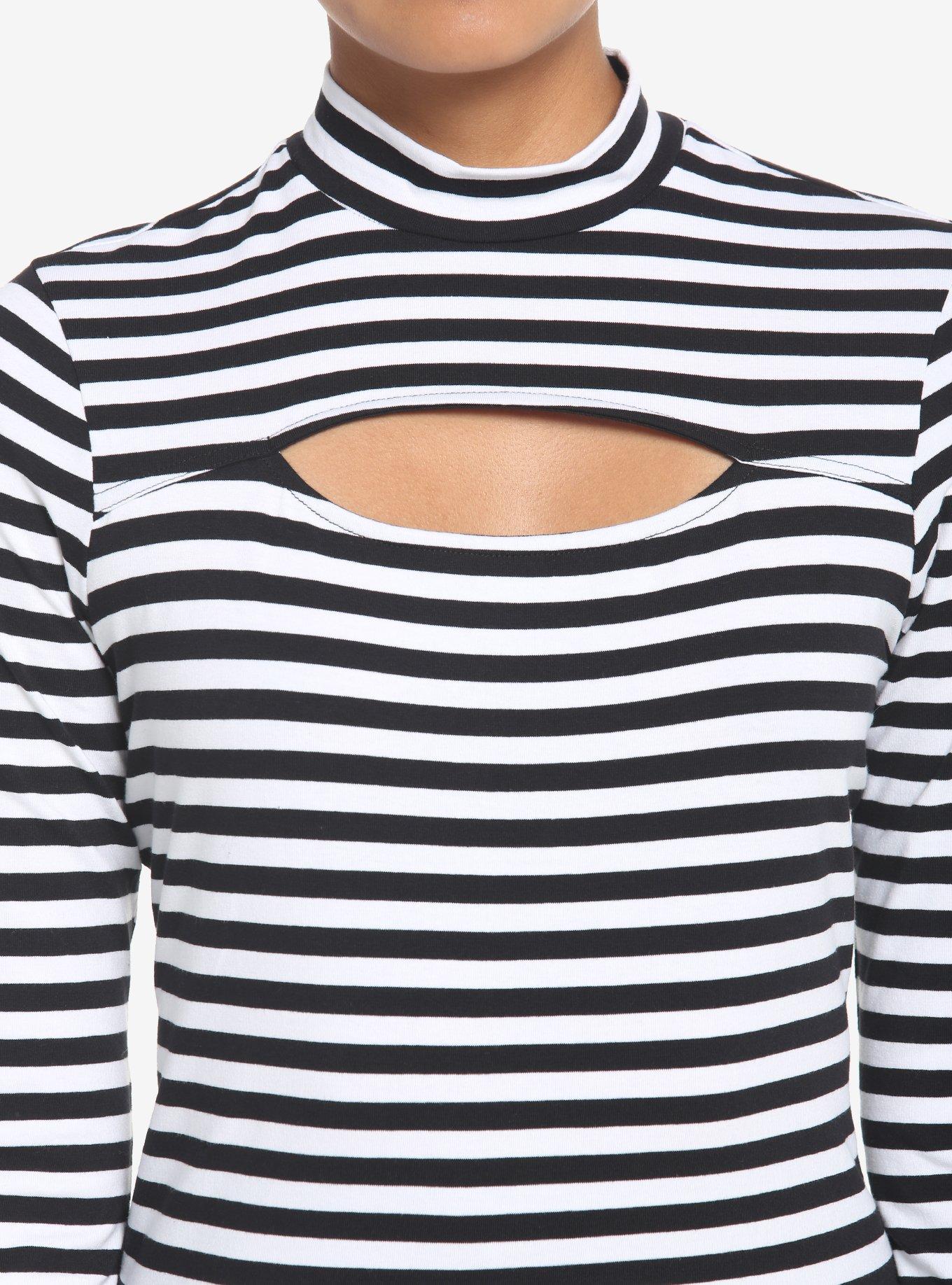 Black & White Stripe Cutout Girls Long-Sleeve Top, STRIPE-BLACK WHITE, alternate