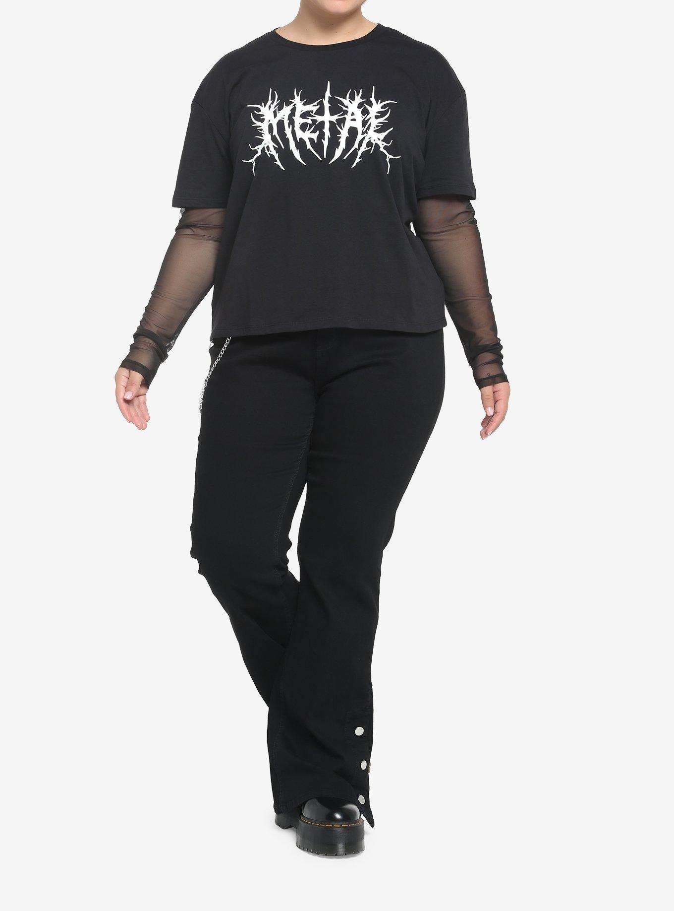 Metal Font Mesh Twofer Girls Long-Sleeve T-Shirt Plus Size, BLACK, alternate