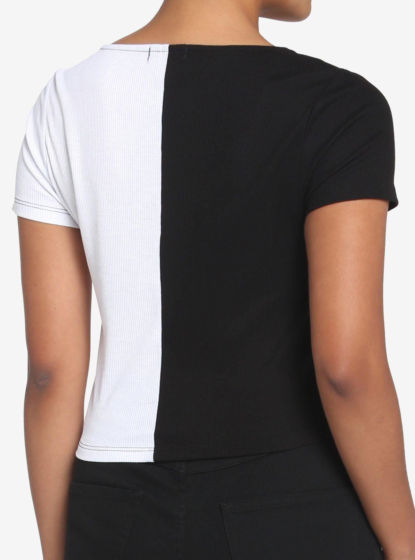 Black & White Split Girls Crop T-Shirt, BLACK, alternate