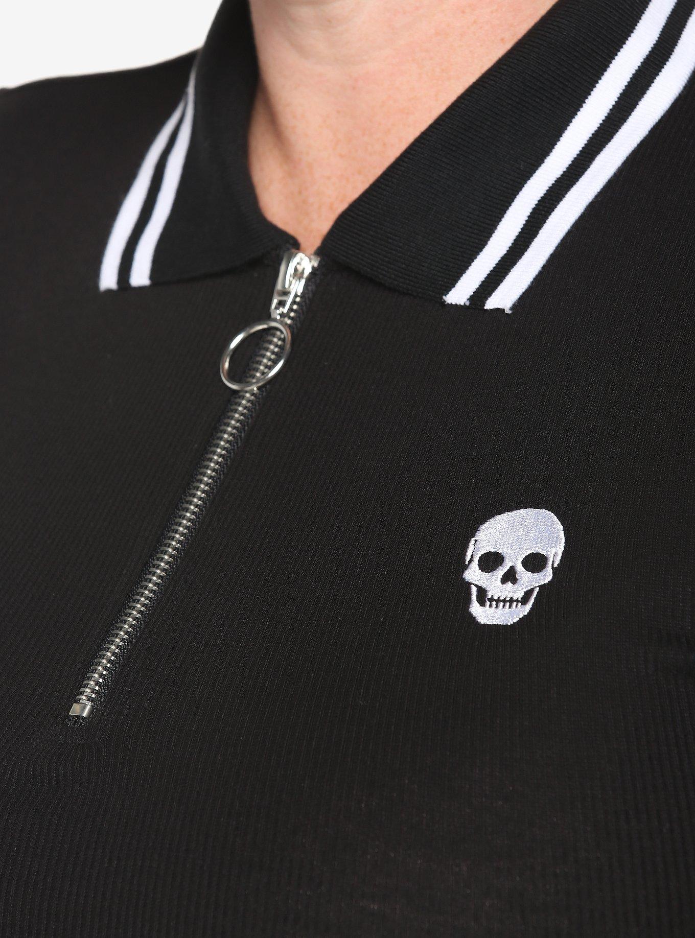 Skull Zipper Girls Crop Polo Shirt Plus Size, BLACK, alternate